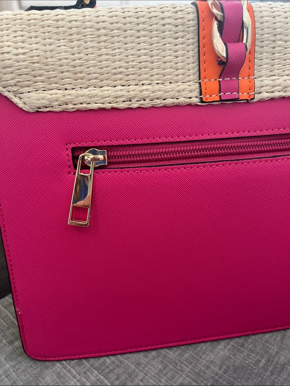 Aldo Cream Straw Satchel with Fuchsia & Orange Trim-Never Worn